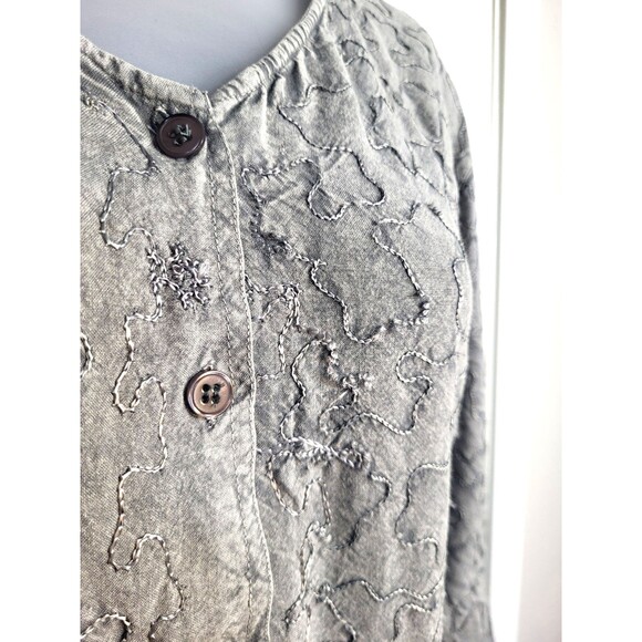 Boho Minimalist Gray Embroidered Button Down Top | Artsy Textured Long Sleeve M - Picture 3 of 16